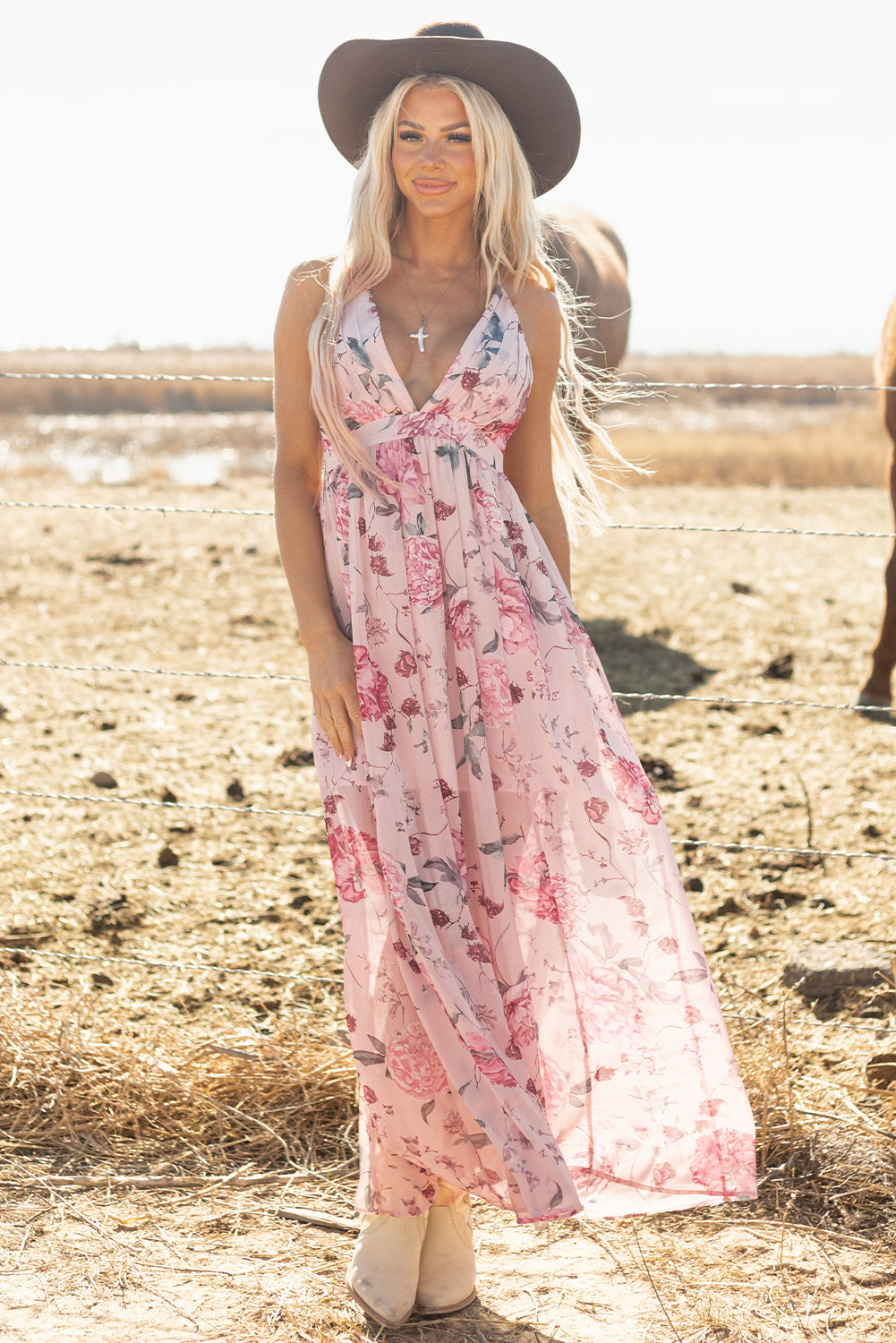 Pink Floral Pleated Bust Deep V Empire Waist Backless Maxi Dress