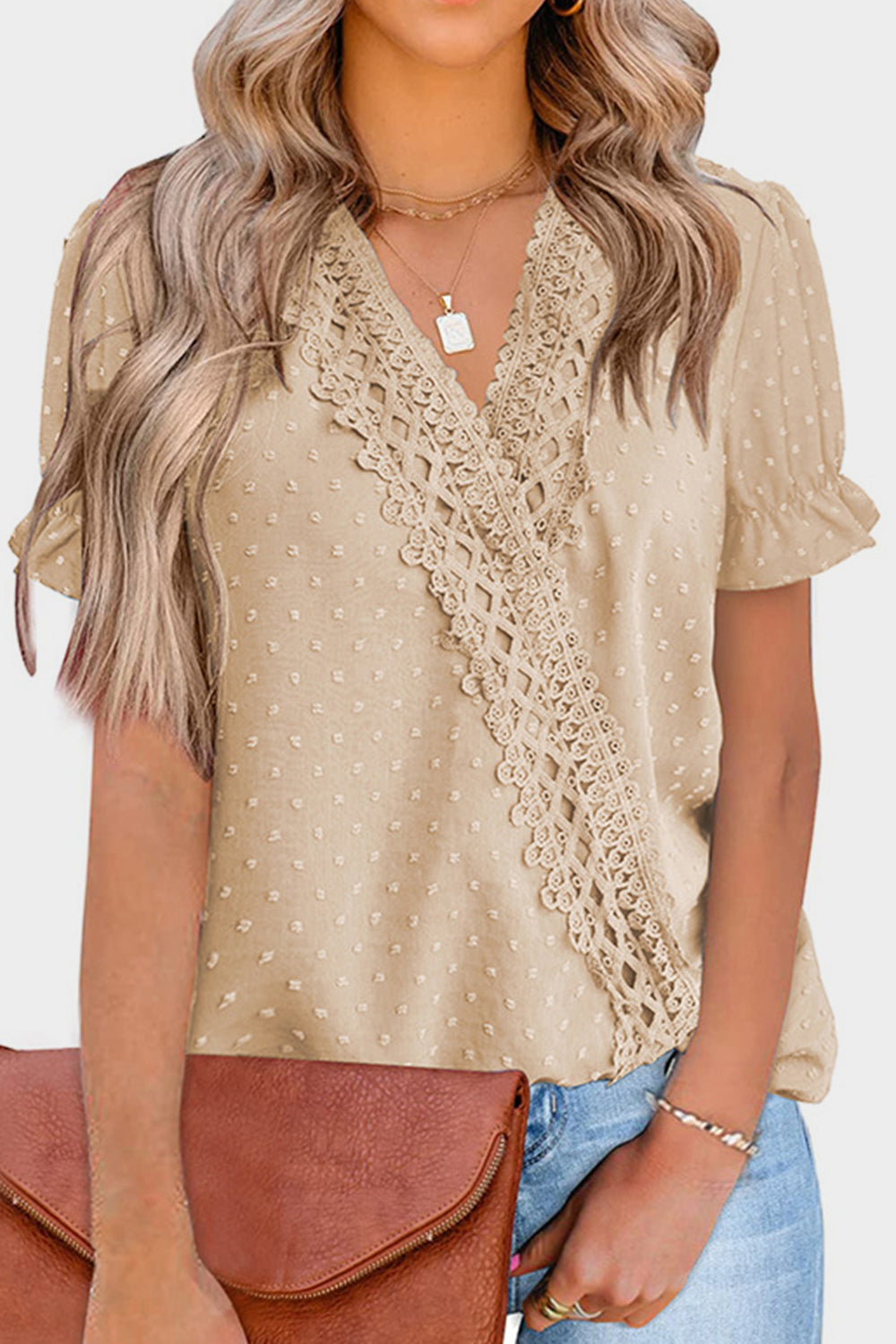 Mandy Swiss Dot Lace Detail V-Neck Short Sleeve Blouse