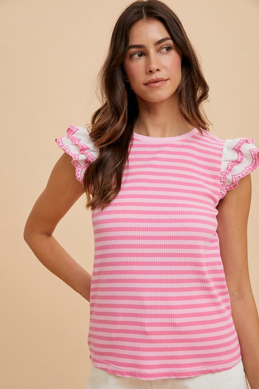 Annie Wear Ruffled Striped Round Neck Cap Sleeve Knit Top