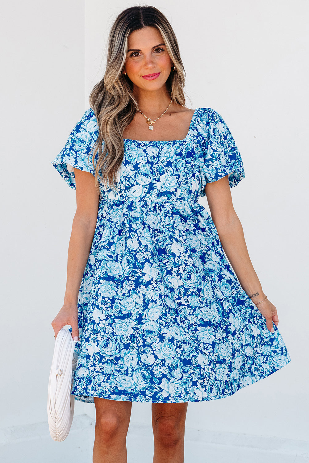 Blue Floral Puff Sleeve Babydoll Mini Dress