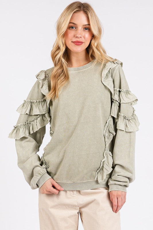 Mittoshop Ruffled Mineral Washed Round Neck Long Sleeve Sweatshirt