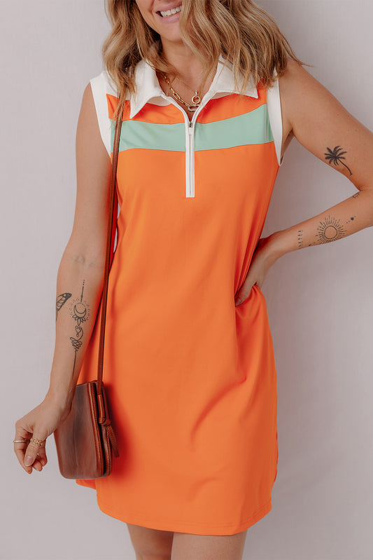 Russet Orange Colorblock Sleeveless Quarter Zip Collared Athletic Mini Dress