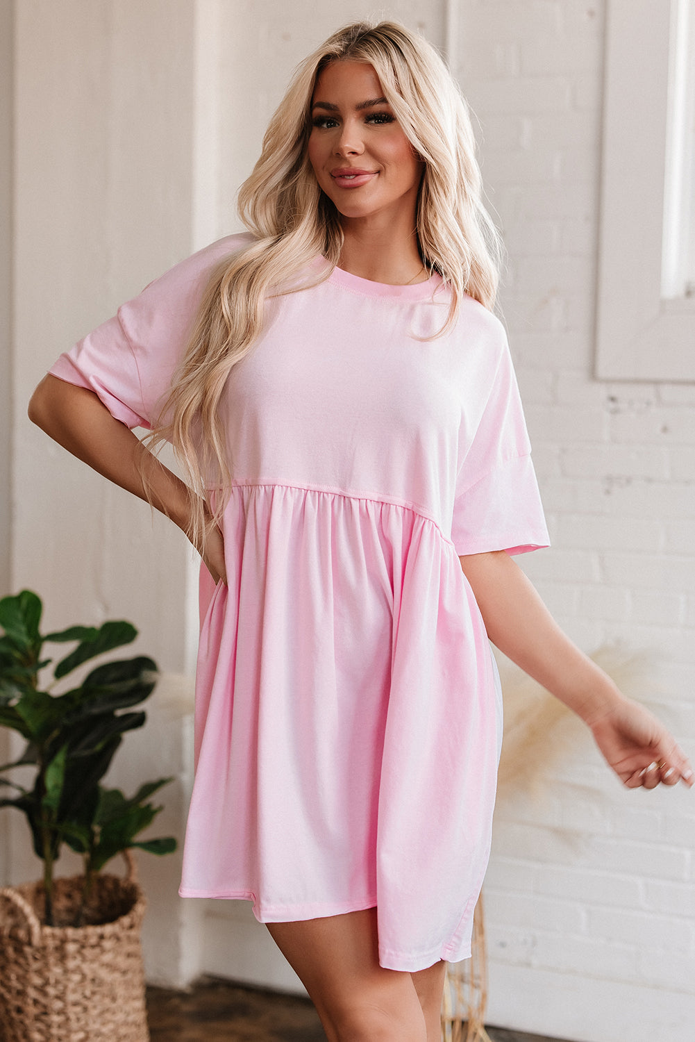 Light Pink Solid Color Pocketed Raw Edge Babydoll Dress