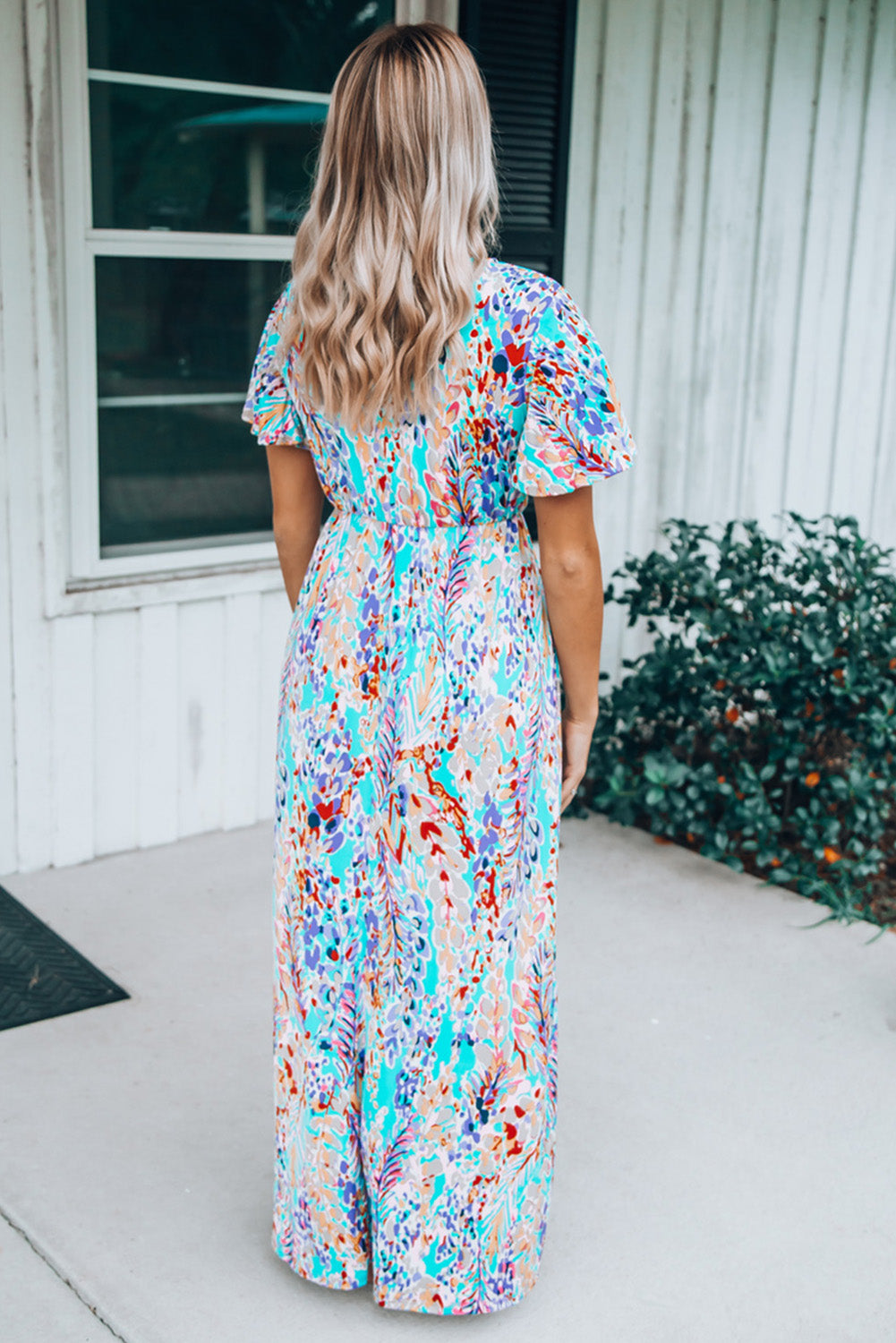 Green Wrap V Neck Floral Maxi Dress