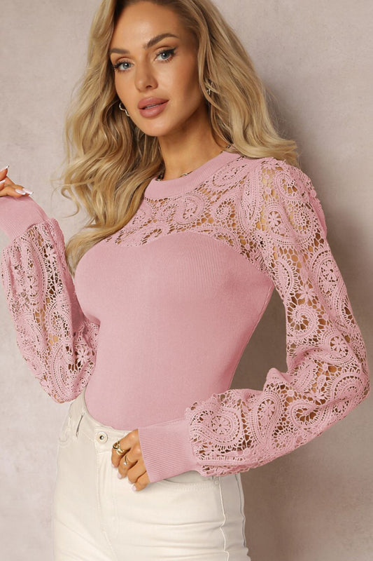 Lace Patchwork Round Neck Long Sleeve Blouse