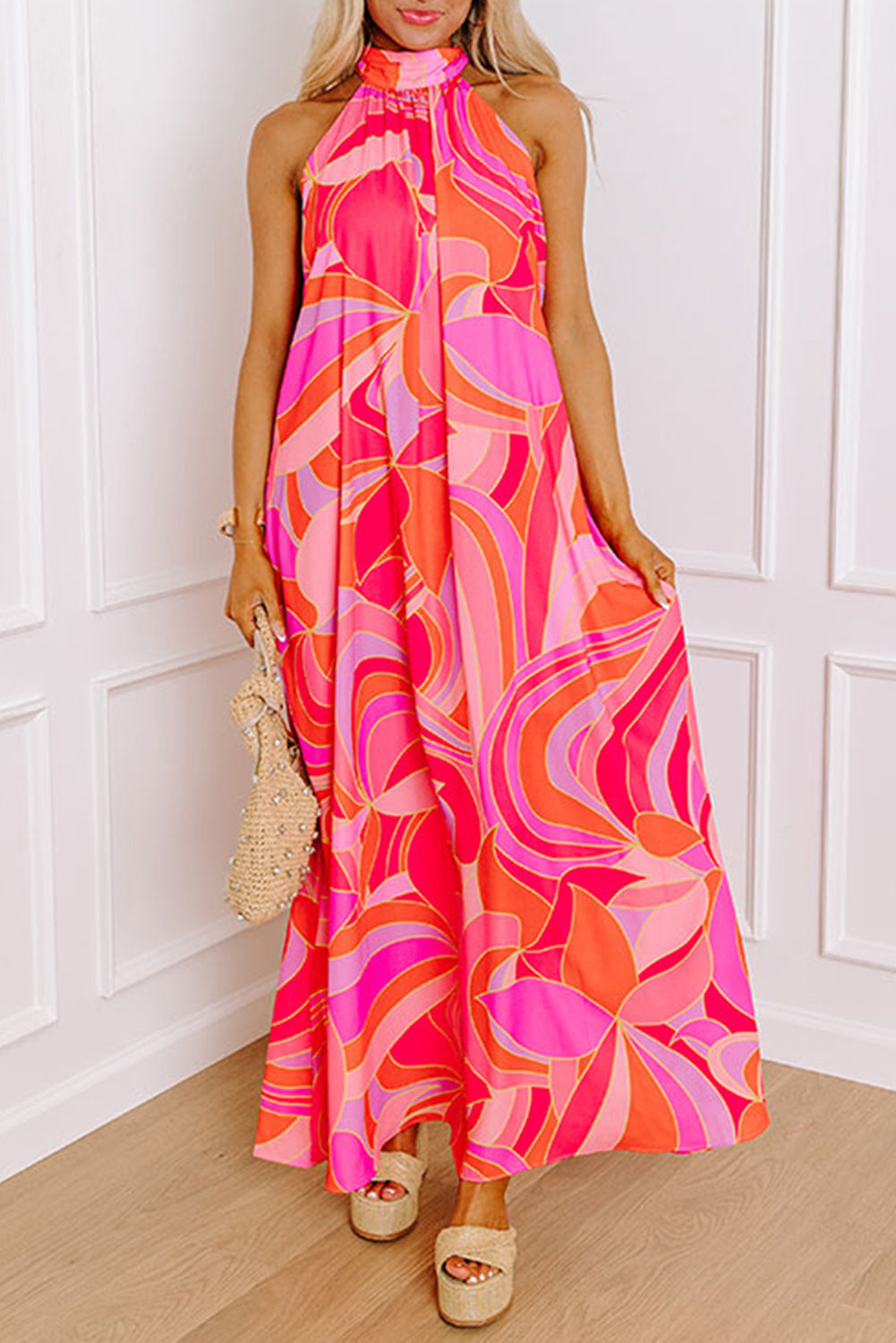 Rose Abstract Printed High Neck Knotted Nape Sleeveless Maxi Dress