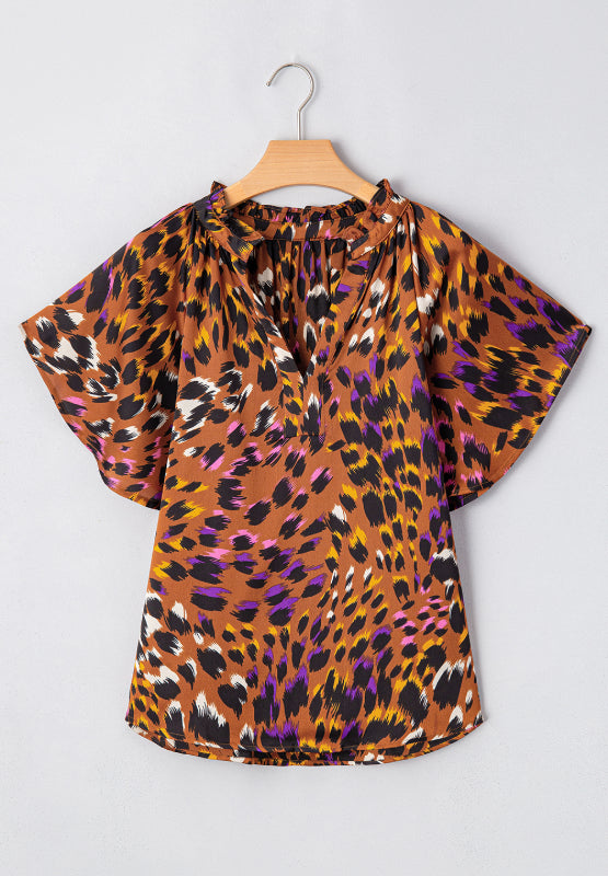 Leopard Notched Short Sleeve Blouse