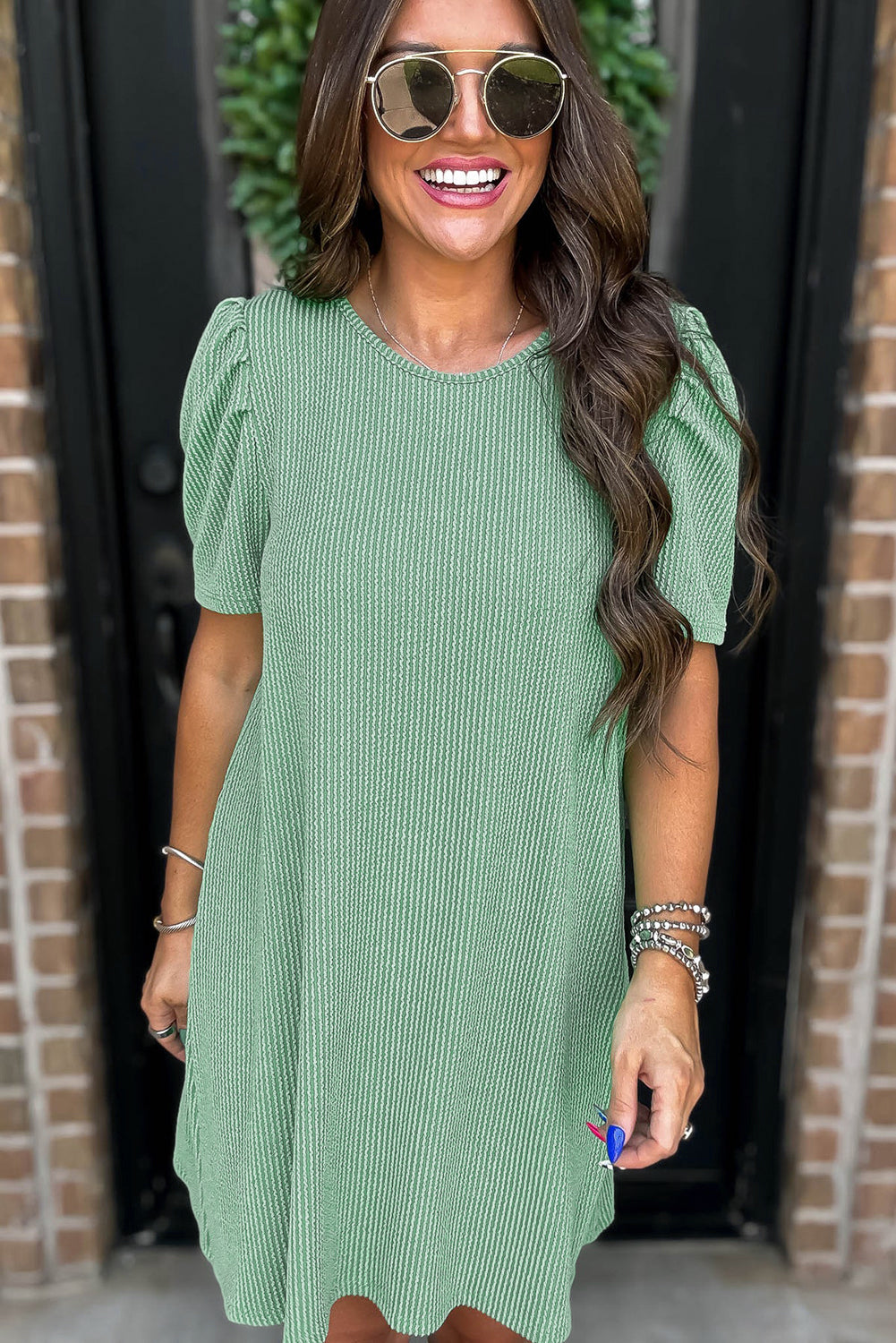 Mint Green Corded Knit Crew Neck Puff Sleeve Shift Mini Dress