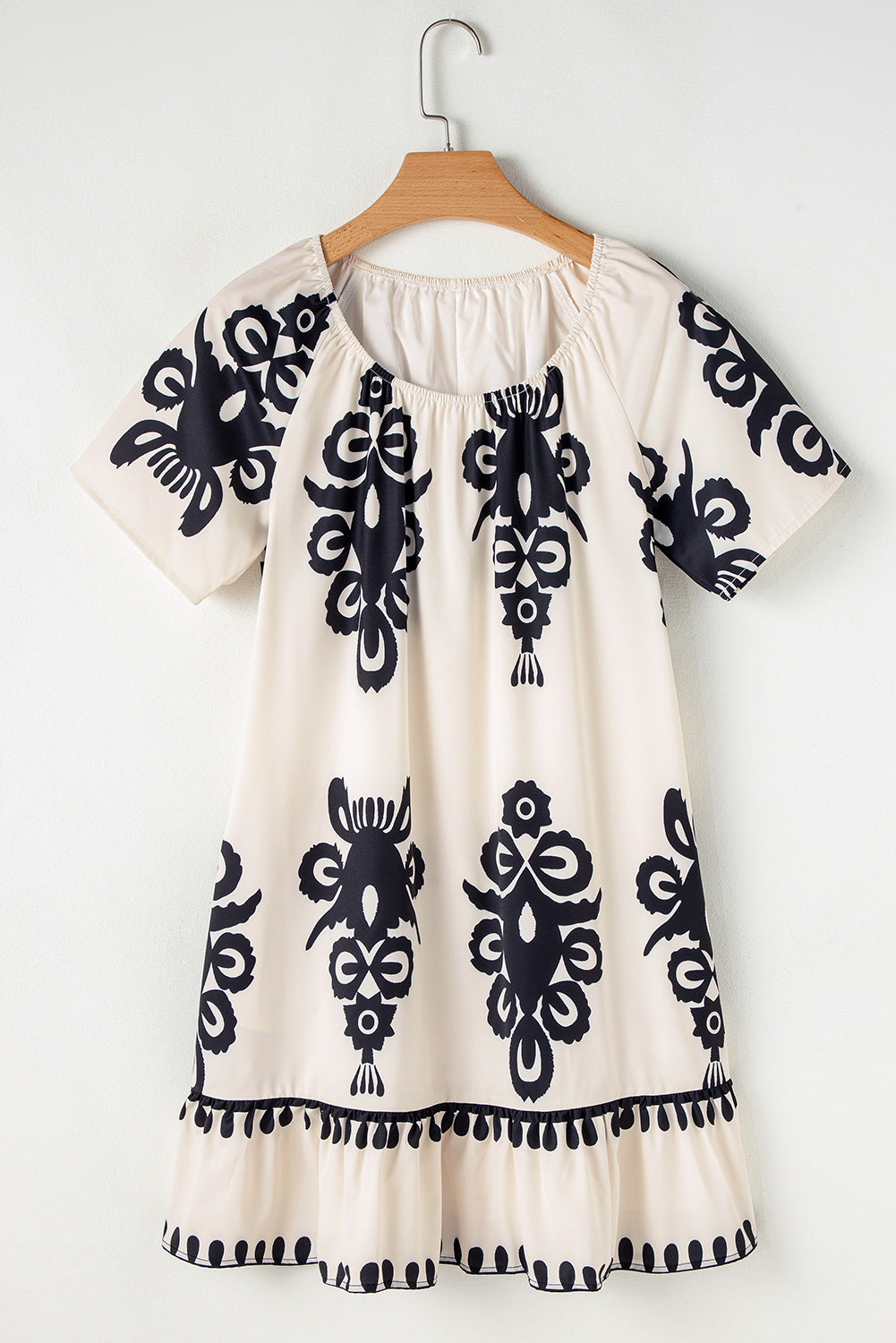 Apricot Western Print Ruffled Short Sleeve Loose Dress