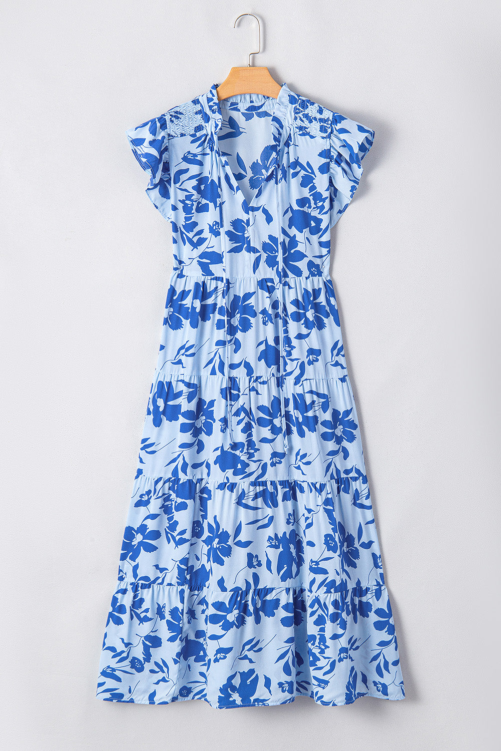 Sky Blue Floral Print Tiered Frilled Trim Flutter Sleeve Maxi Dress