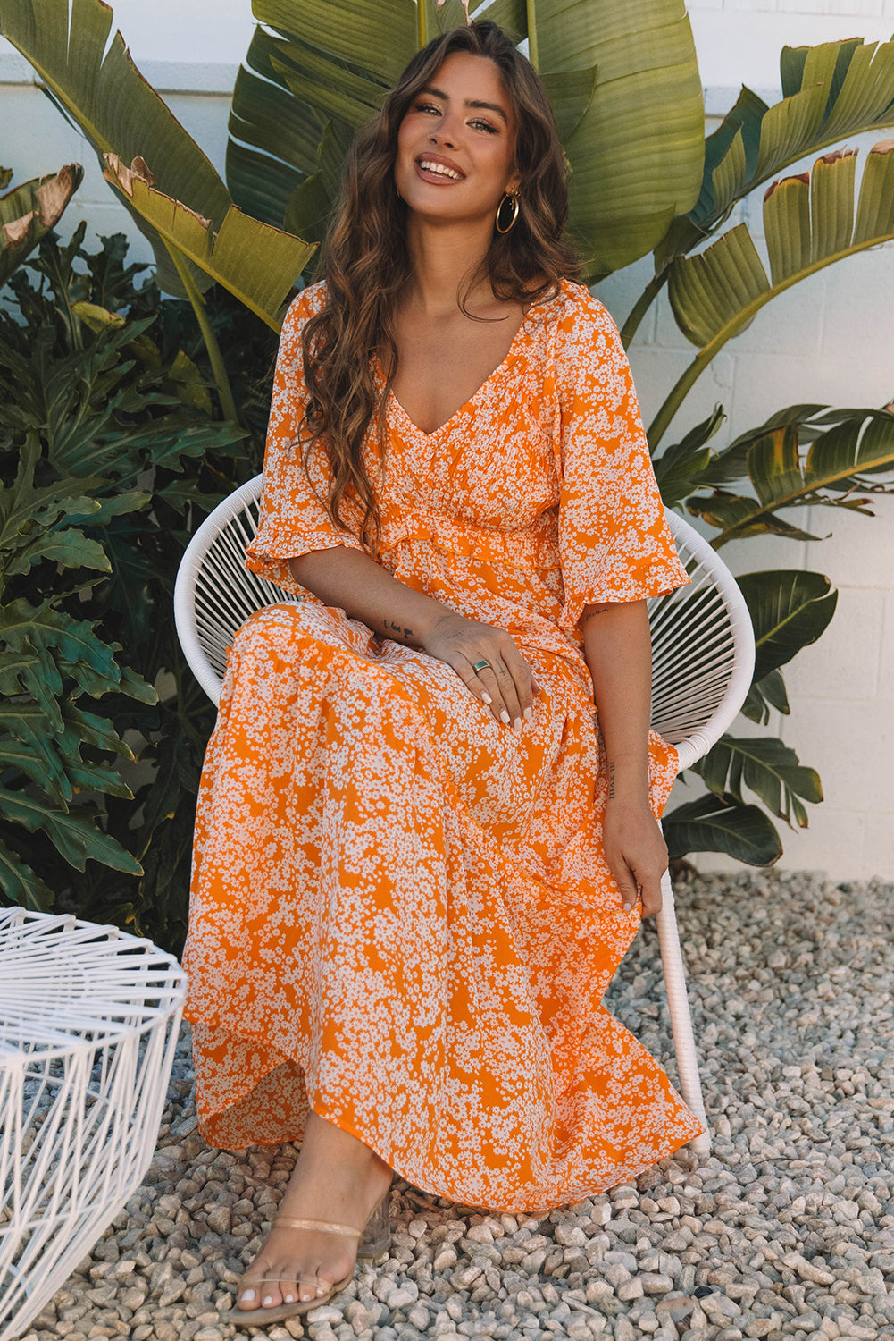 Orange Floral Print Smocked V Neck Wide Sleeve Maxi Dress