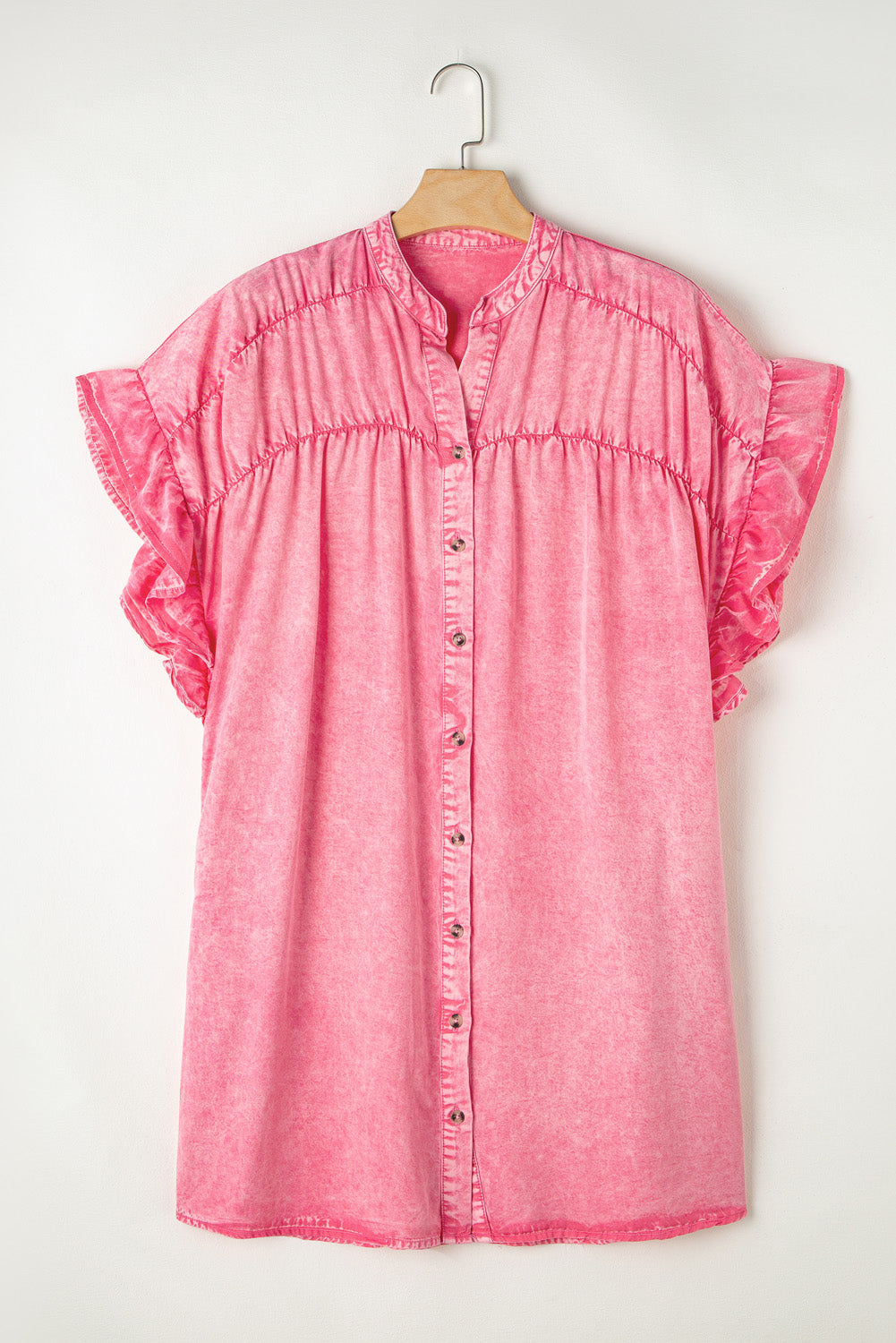 Pink Ruffled Short Sleeve Buttoned Denim Mini Dress