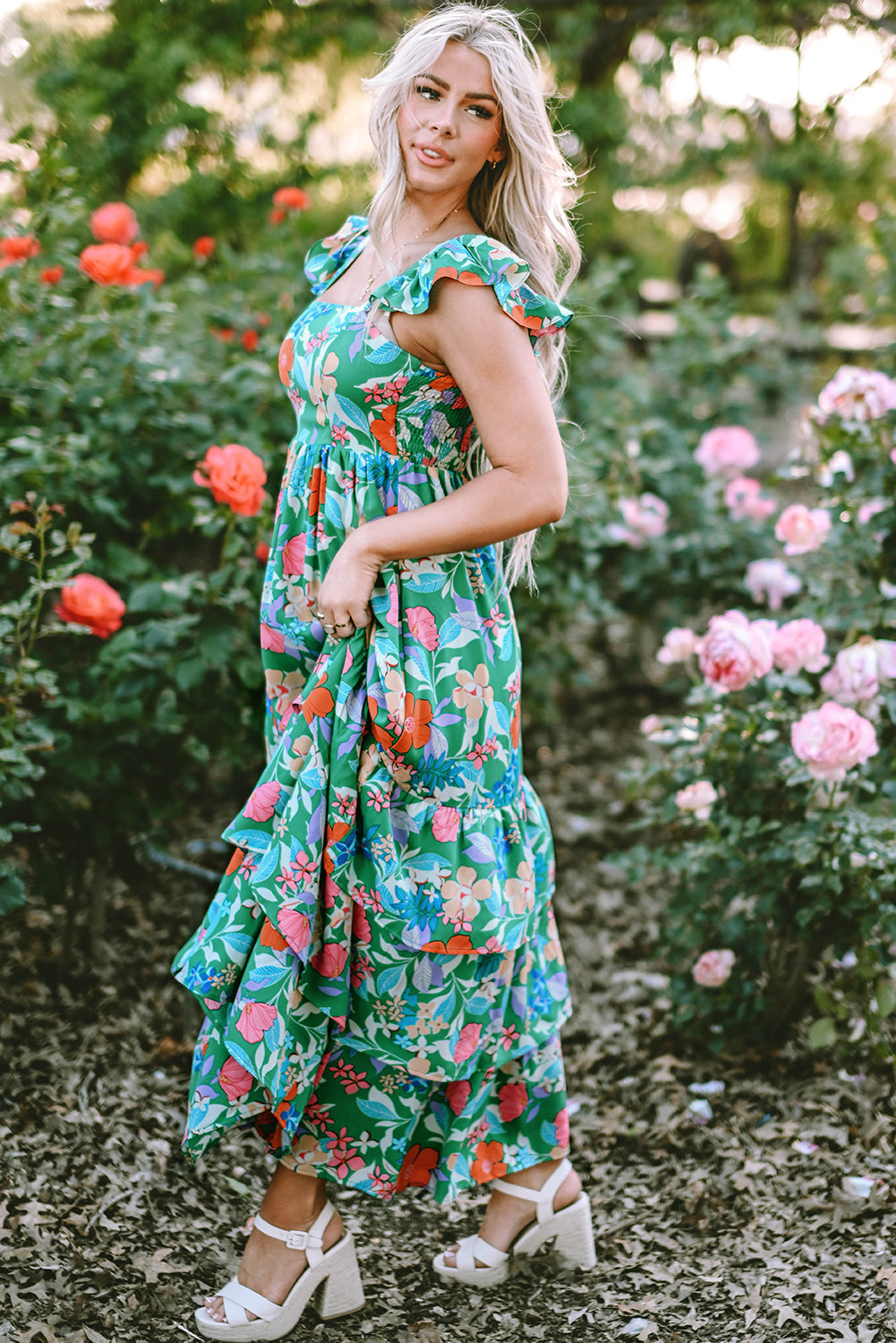 Green Floral Print Sleeveless Ruffle Tiered Maxi Dress