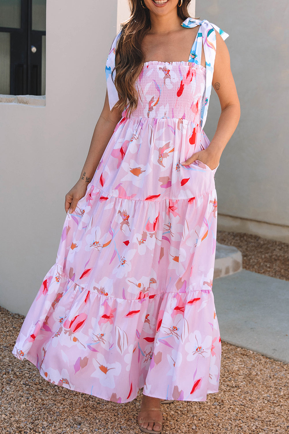 Pink Floral Print Knotted Shoulder Smocked Maxi Dress