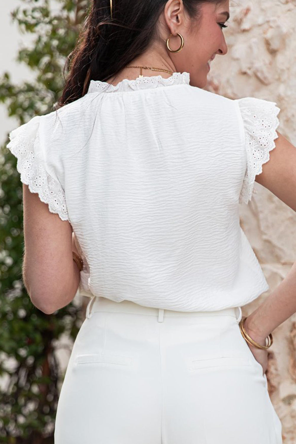 White Embroidered Ruffle Trim Textured Blouse