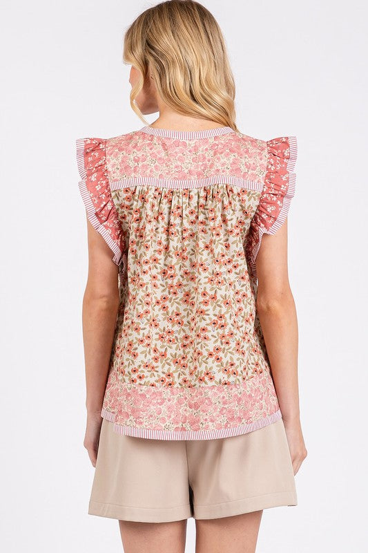 Mittoshop Floral Notched Ruffled Cap Sleeve Blouse