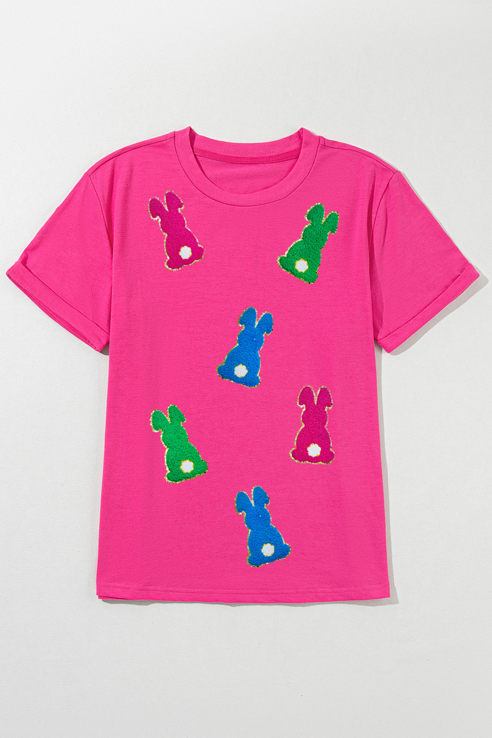 Rose Red Easter Rabbit Chenille Patched Pattern Crew Neck Tee