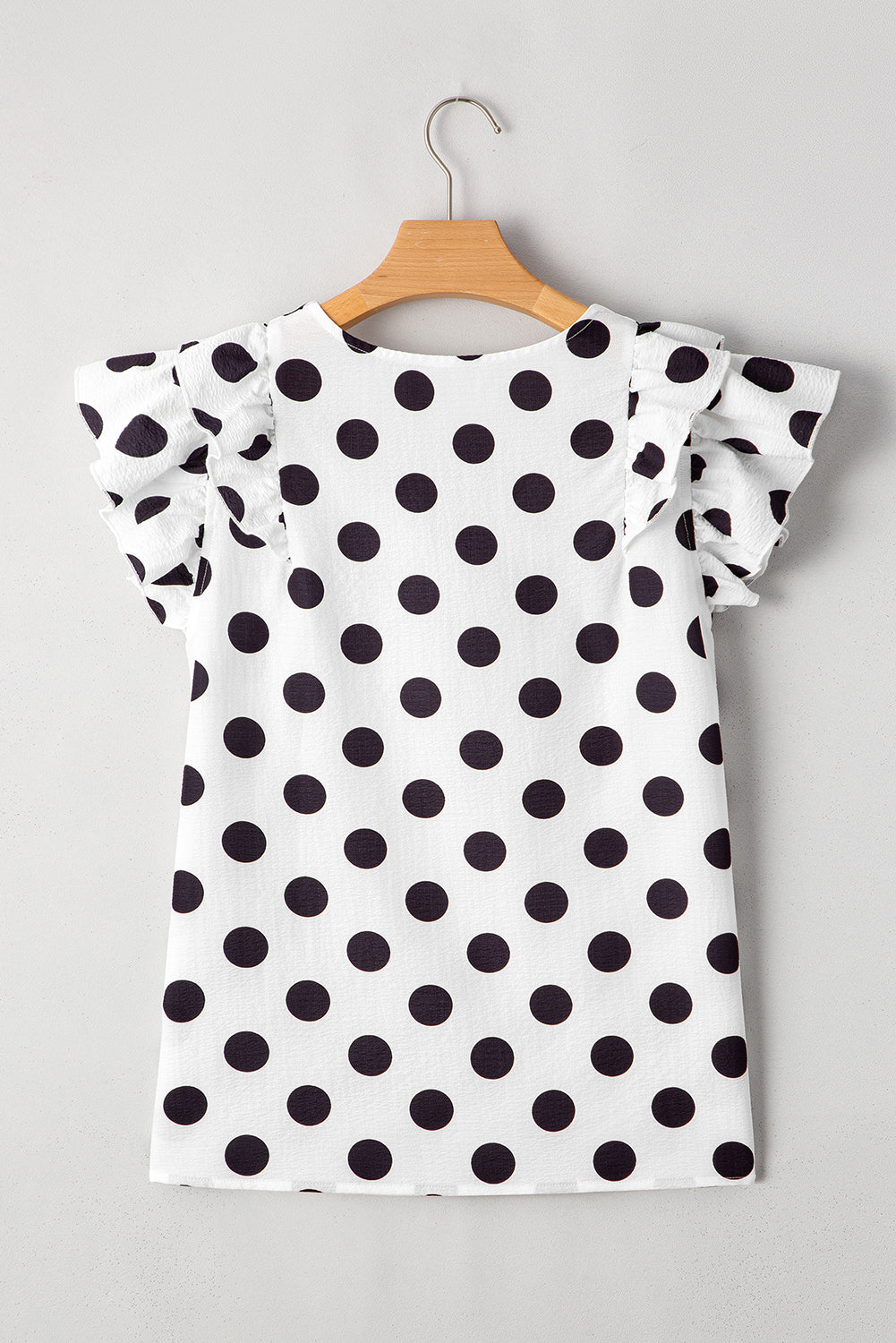 White Polka Dot Print Ruffled Sleeve V Neck Blouse