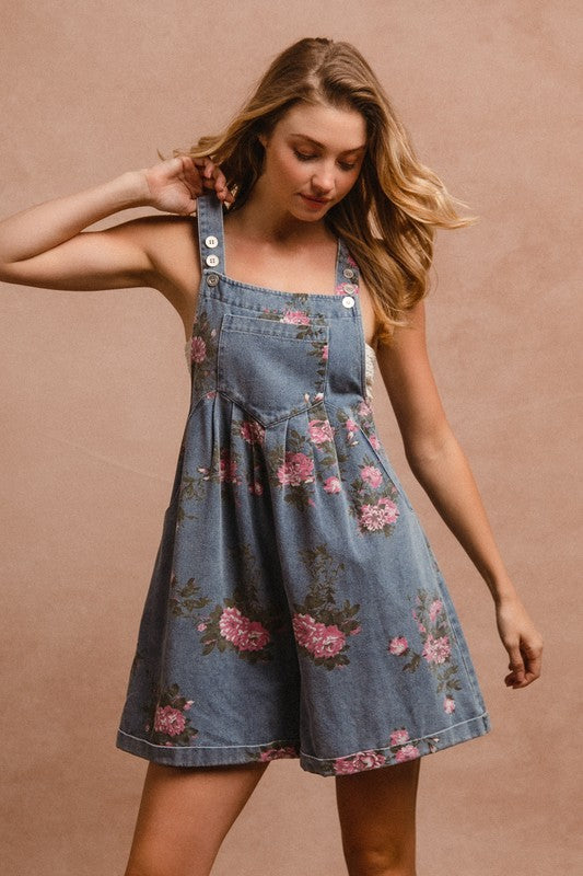 BiBi Flower Printed Wide Strap Denim Overalls