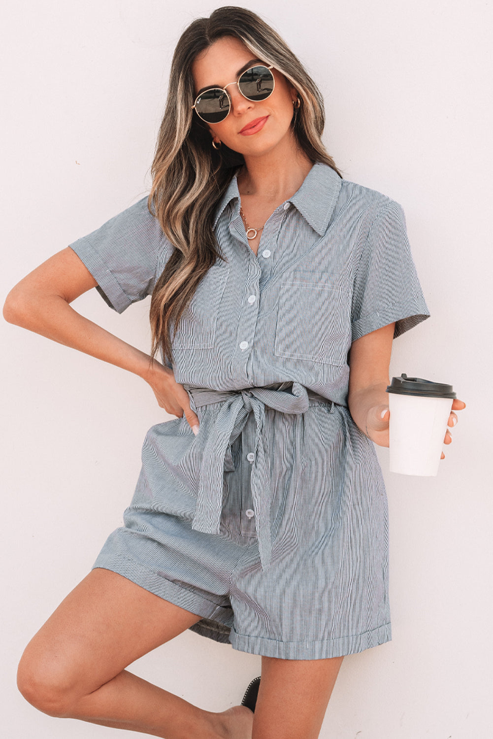 Blue Stripe Chest Pockets Buttoned Belted High Waist Romper