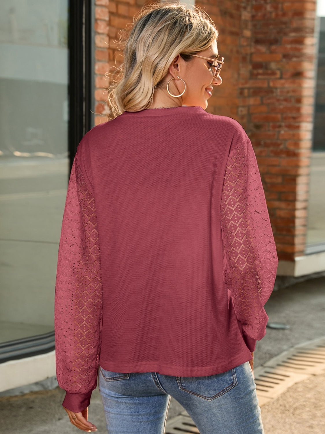 Full Size Round Neck Lace Long Sleeve T-Shirt Plus Size