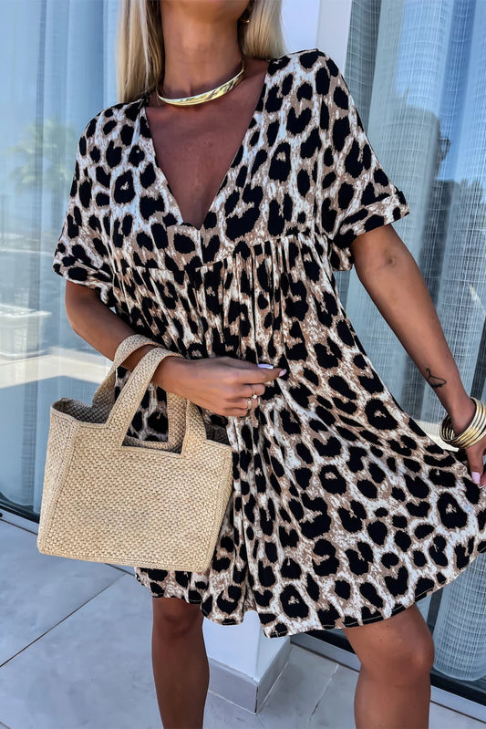 Khaki Cheetah Print Backless V Neck Loose Fit Mini Dress