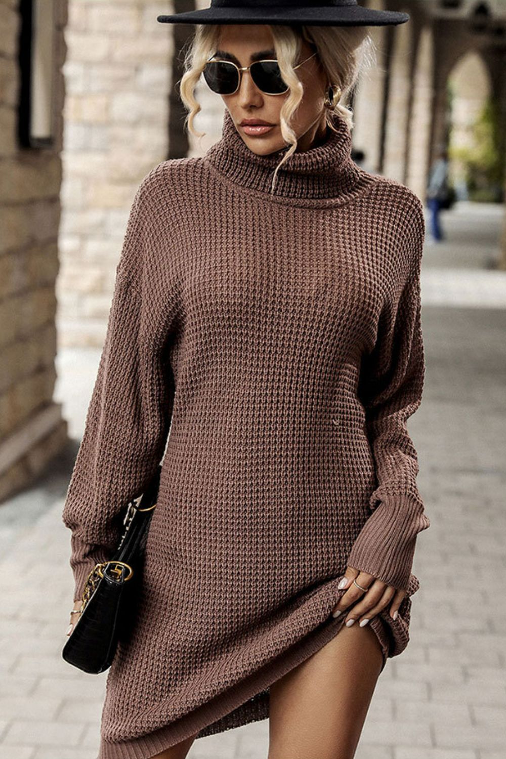 Perfee Turtleneck Dropped Shoulder Mini Sweater Dress