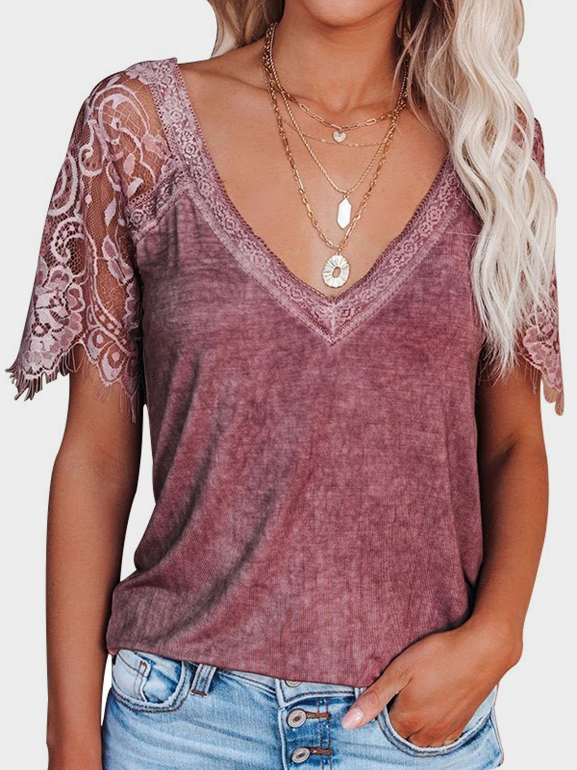 Lace Patchwork V-Neck Short Sleeve T-Shirt