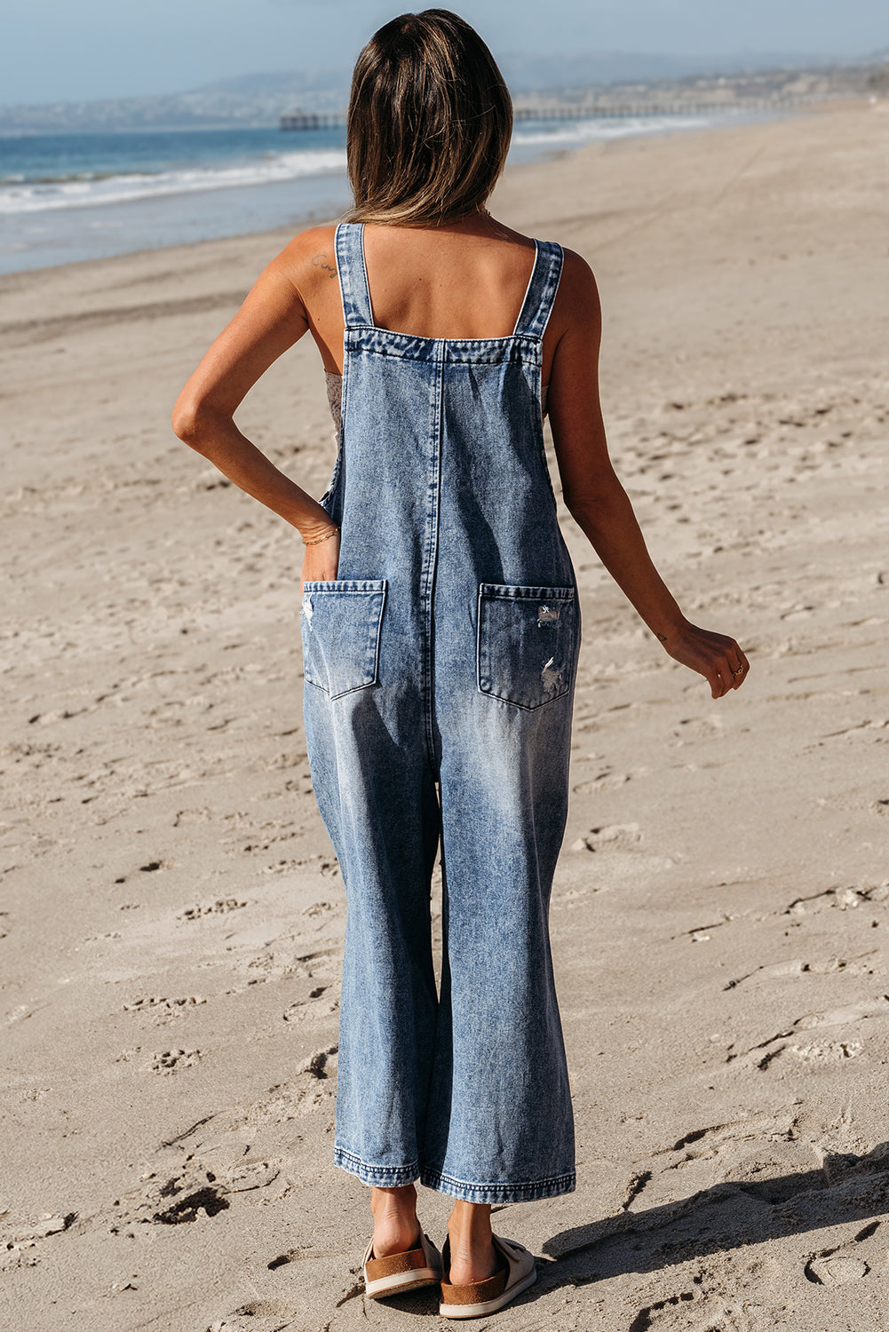 Stone Blue Distressed Bib Pocket Wide Leg Denim Overall