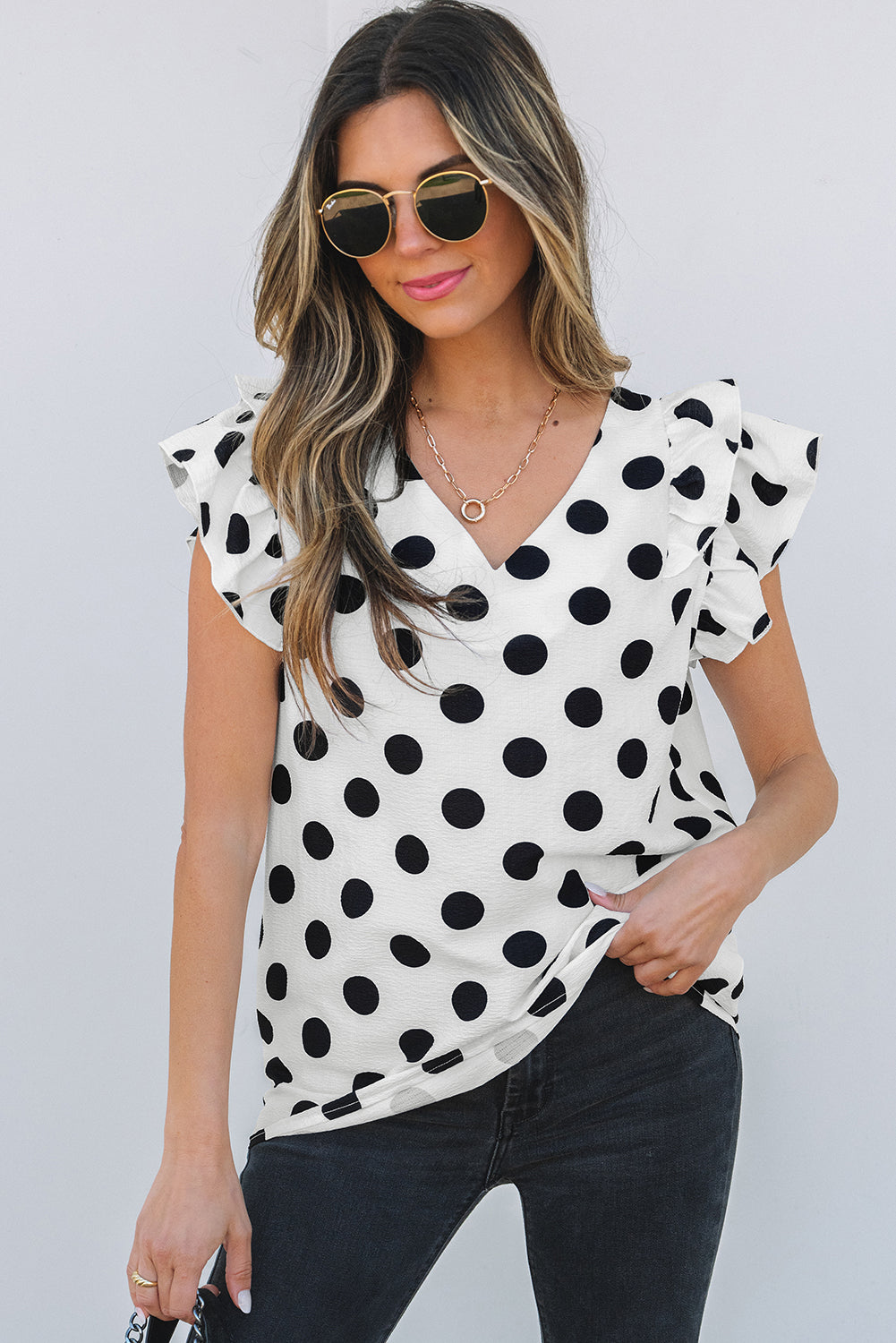 White Polka Dot Print Ruffled Sleeve V Neck Blouse