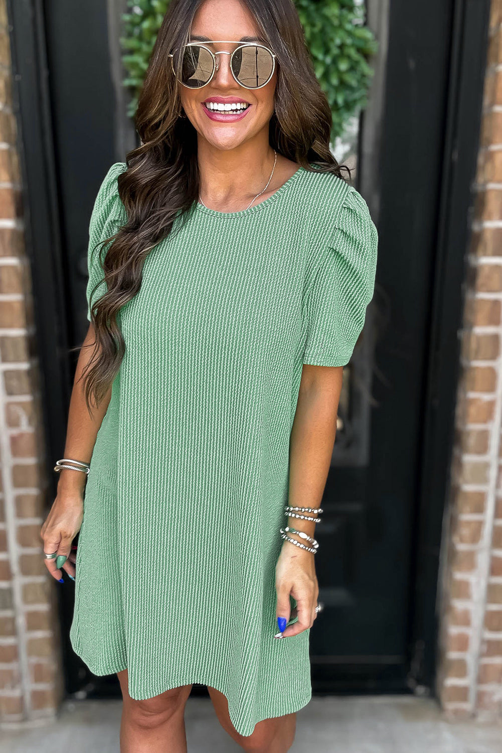 Mint Green Corded Knit Crew Neck Puff Sleeve Shift Mini Dress