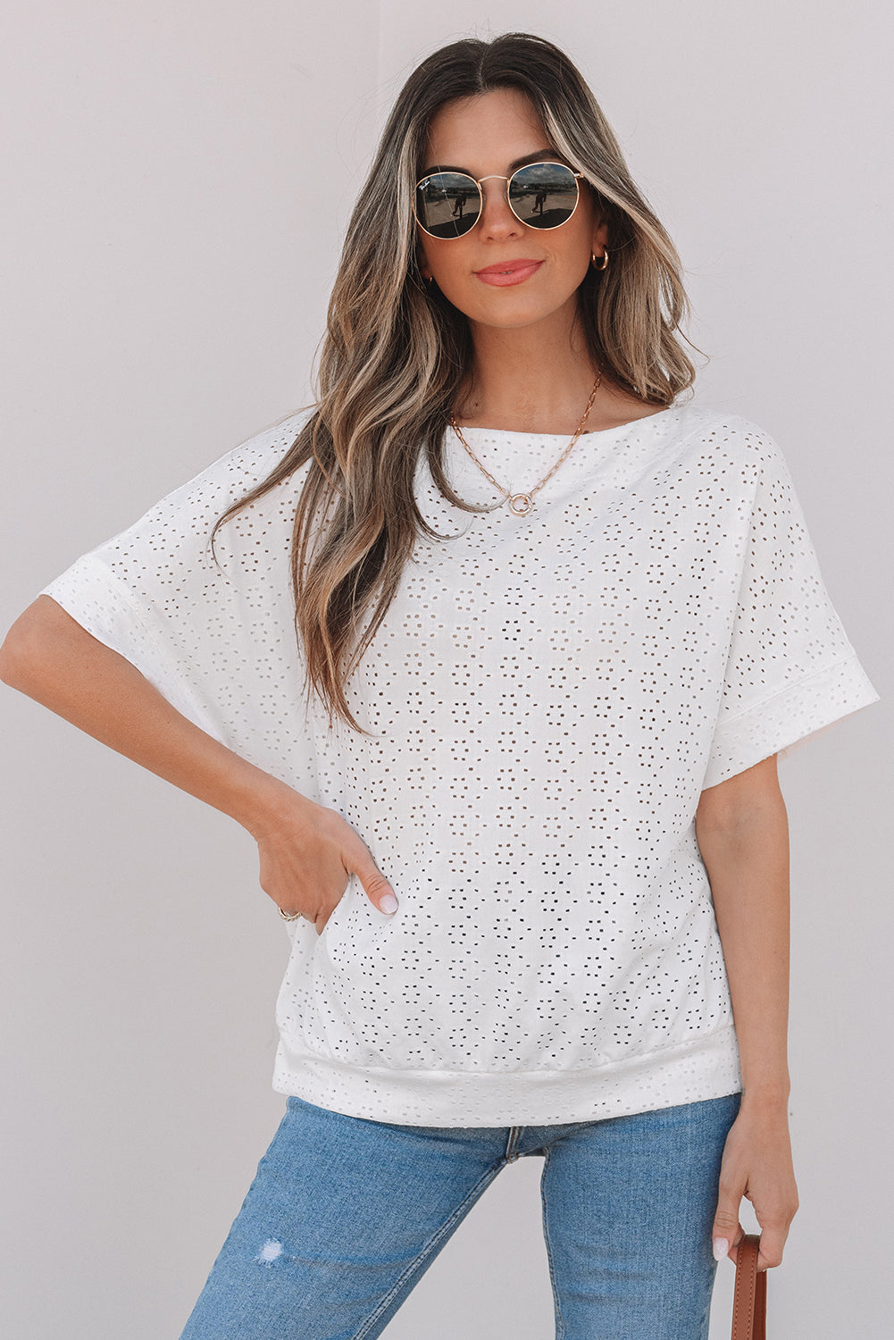 White Eyelet Pattern Boat Neck Casual Tee