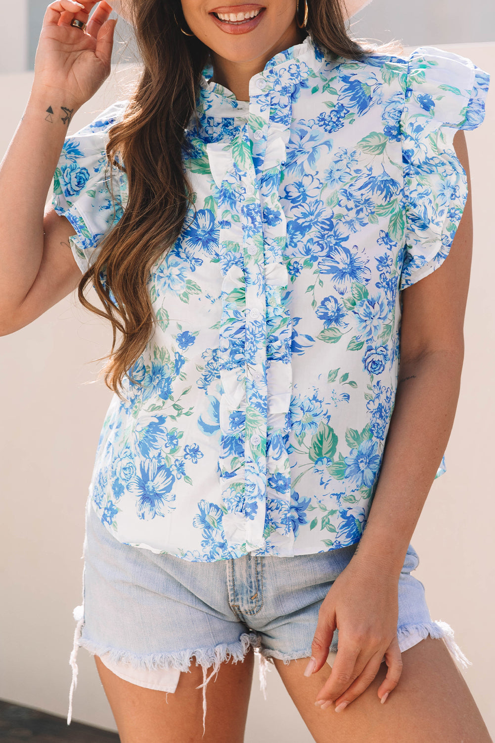 Sky Blue Floral Print Ruffle Sleeve Frilly Button Up Shirt