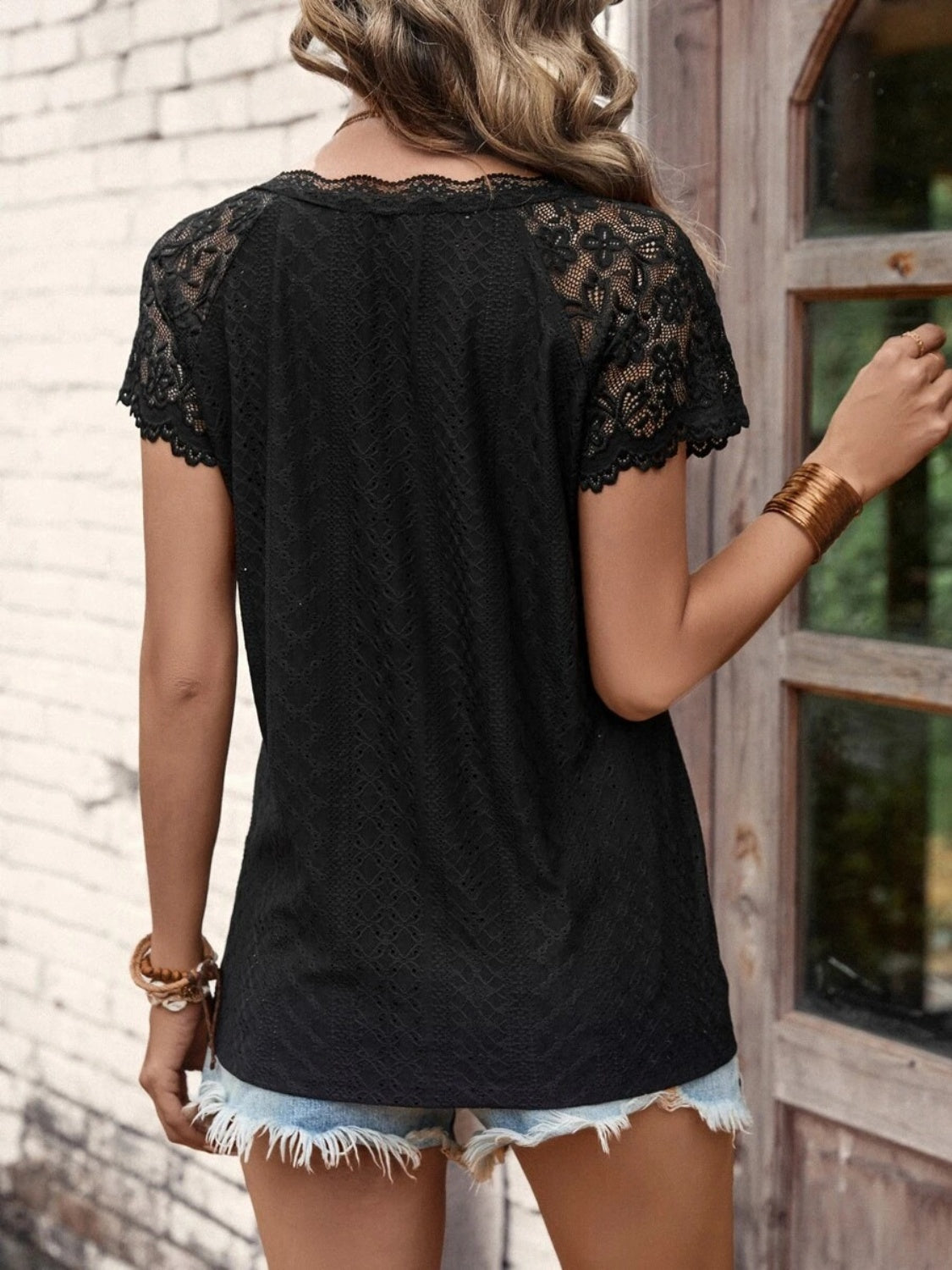 Lace Detail V-Neck Short Sleeve T-Shirt