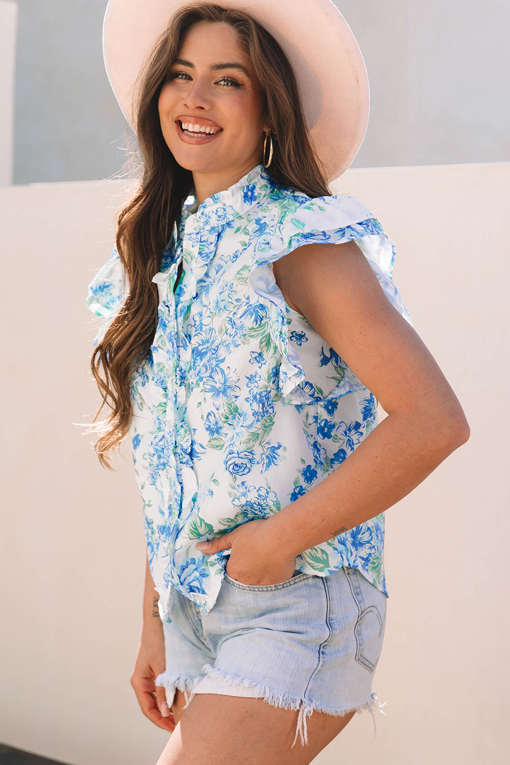 Sky Blue Floral Print Ruffle Sleeve Frilly Button Up Shirt