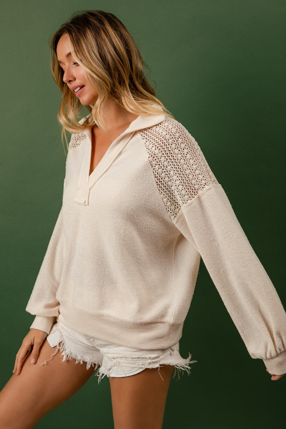 BiBi French Terry Lace Shoulder Top