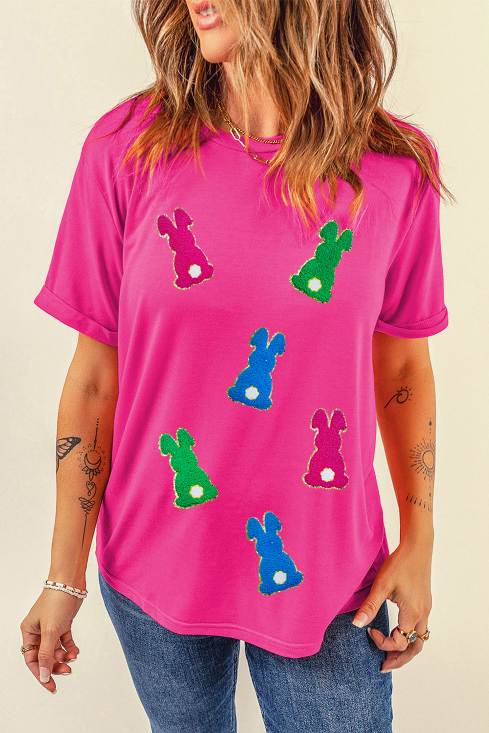 Rose Red Easter Rabbit Chenille Patched Pattern Crew Neck Tee