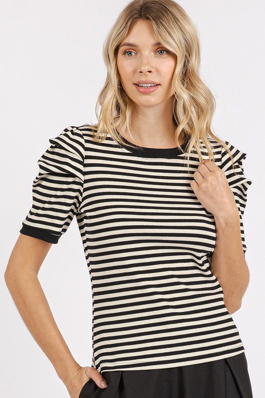 Mittoshop Striped Round Neck Puff Sleeve T-Shirt