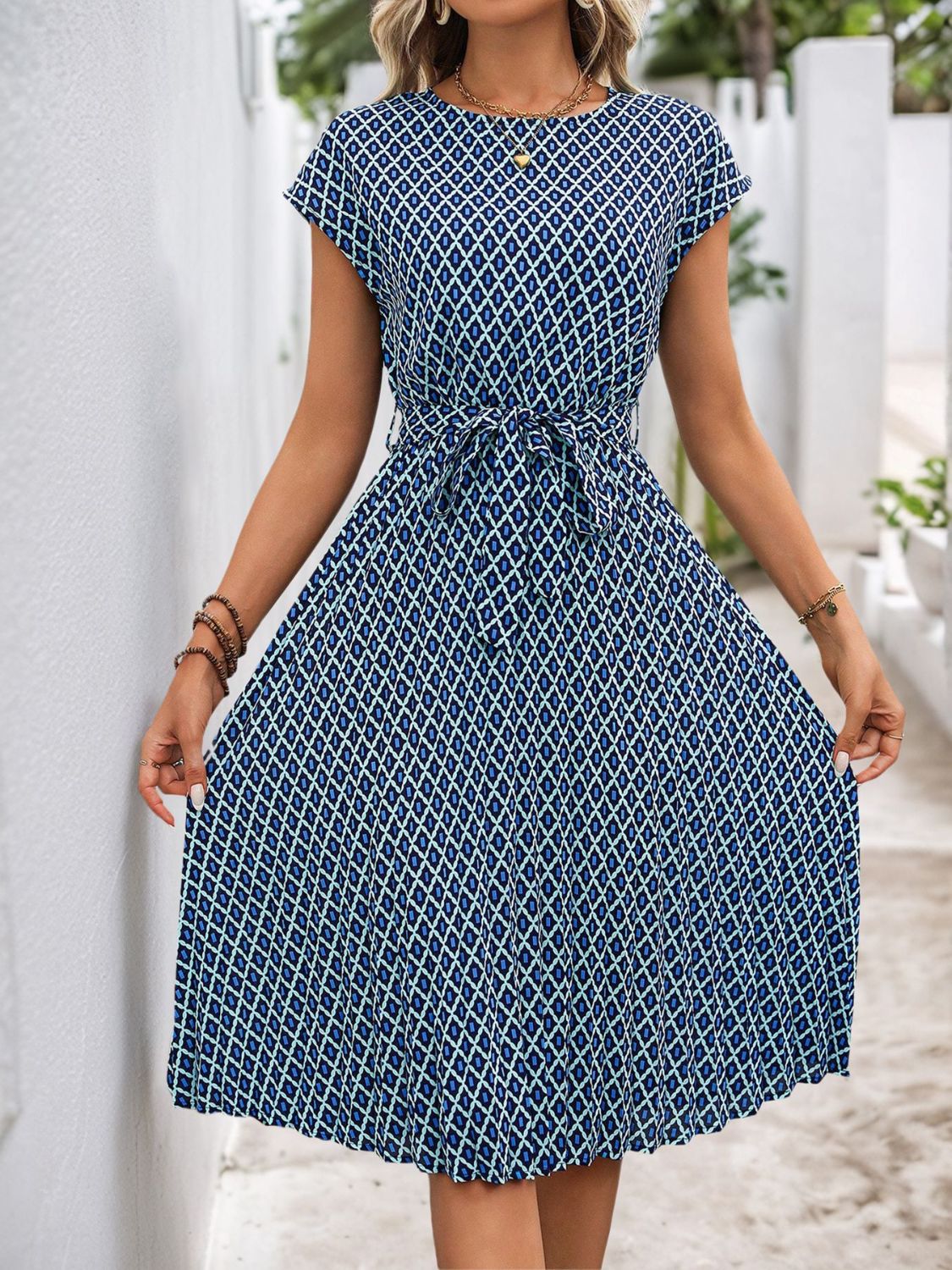 Perfee Printed Round Neck Short Sleeve Midi Dress