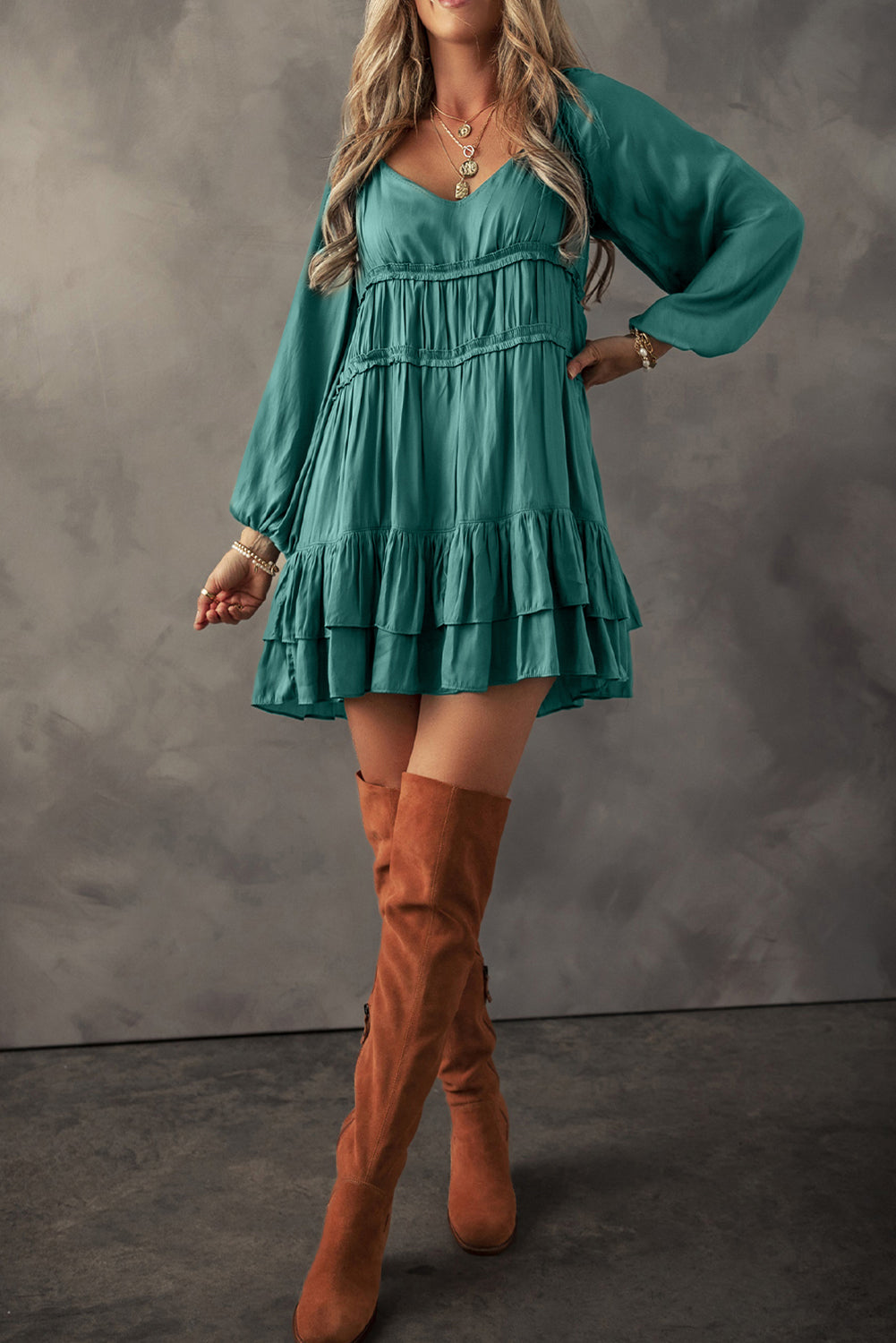 Mist Green Tiered Ruffled Puff Sleeve Loose Fit Mini Dress