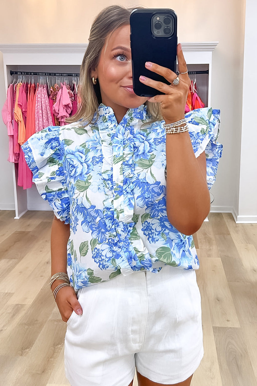 Sky Blue Floral Print Ruffle Sleeve Frilly Button Up Shirt