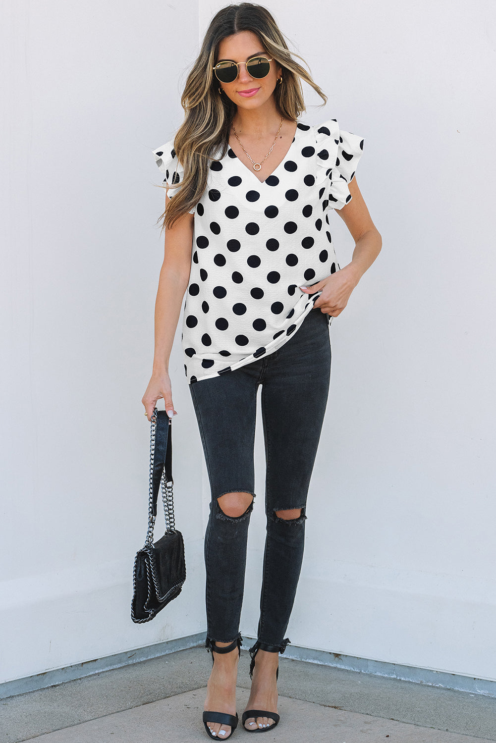 White Polka Dot Print Ruffled Sleeve V Neck Blouse