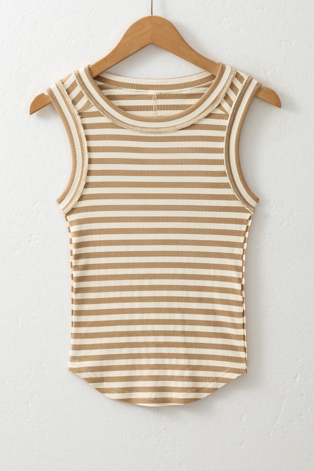 Khaki Stripe Exposed Seam Trim Round Neck Sleeveless Top