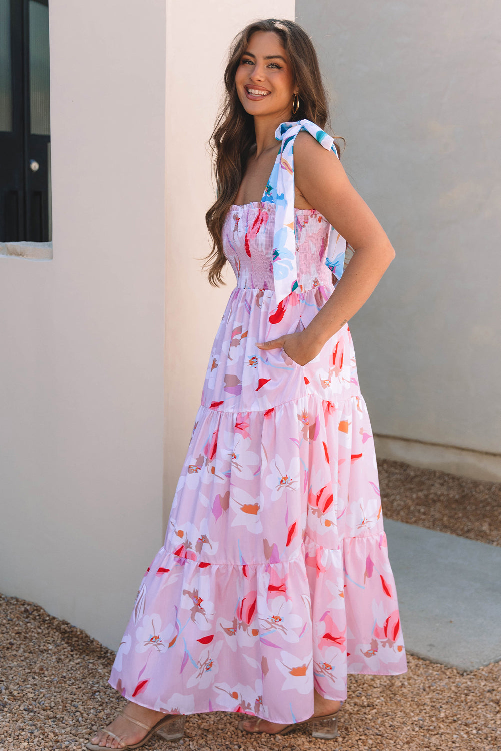 Pink Floral Print Knotted Shoulder Smocked Maxi Dress