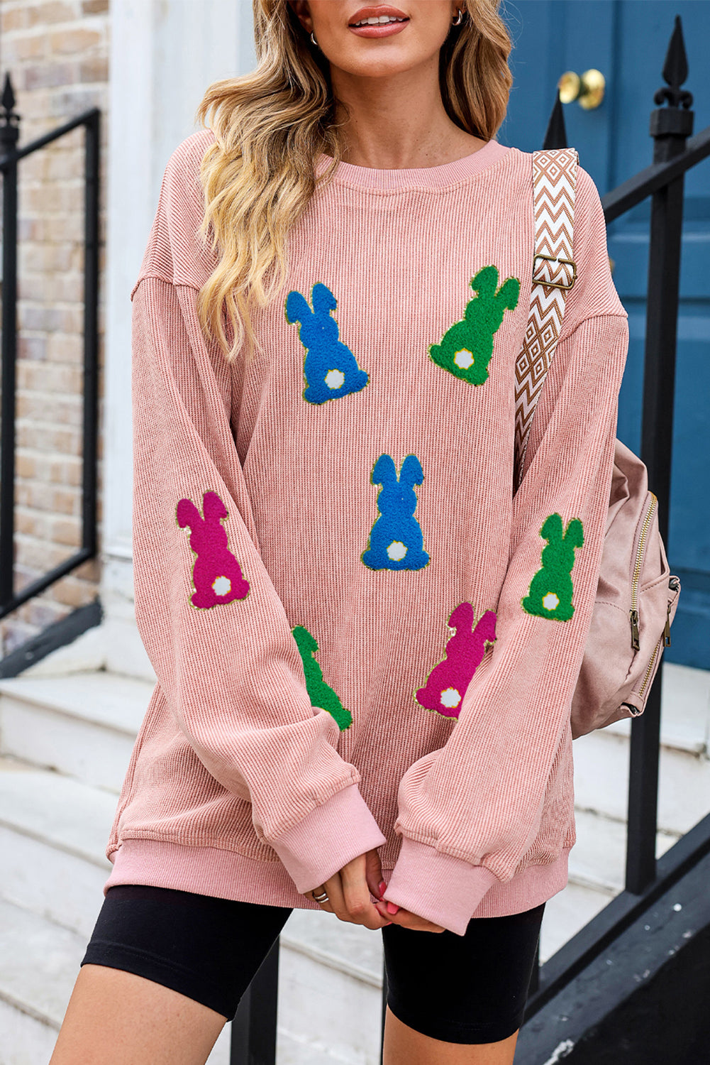 Pink Easter Rabbit Patched Pattern Corded Crewneck Sweatshirt