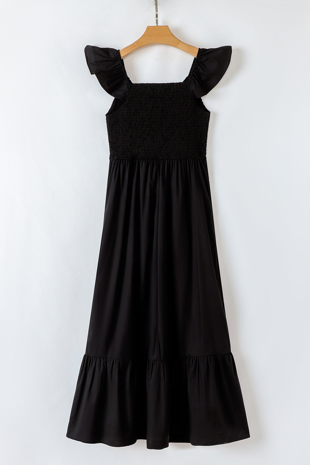 Black V Neck Flutter Sleeve Smocked Bodice High Waist Ruffle Maxi Dress