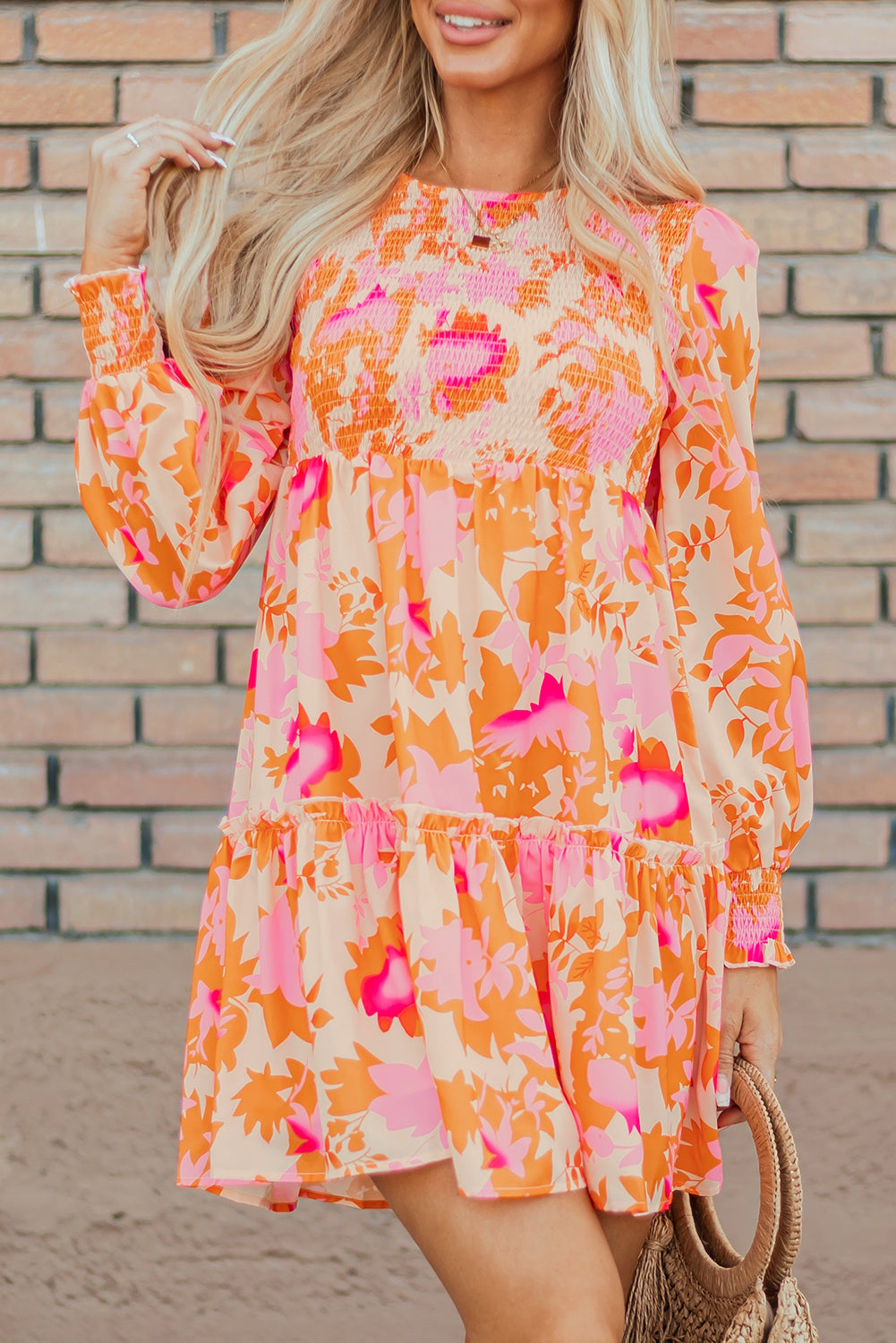 Orange Abstract Print Smocked Lantern Sleeve Ruffle Mini Dress