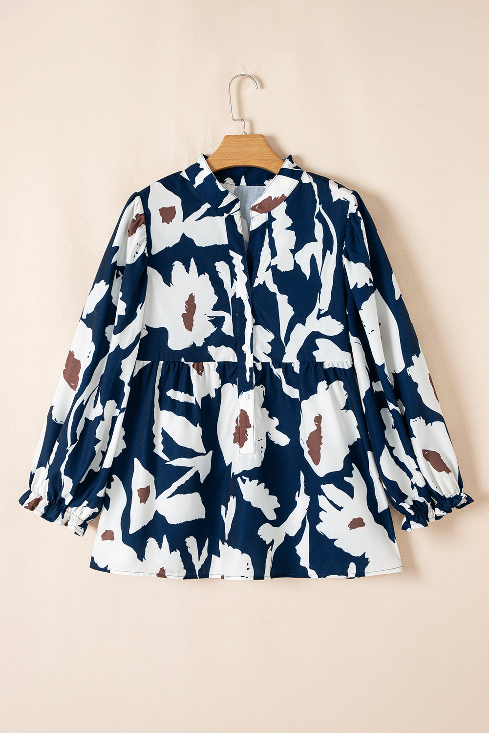 Sail Blue Abstract Floral Print Puff Sleeve Half Button Blouse