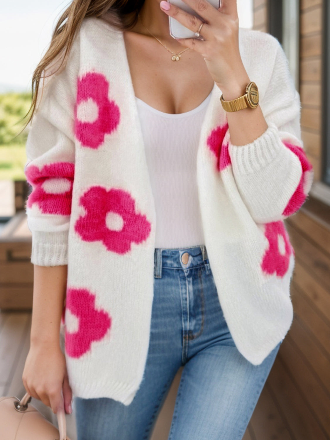 Flower Open Front Long Sleeve Cardigan