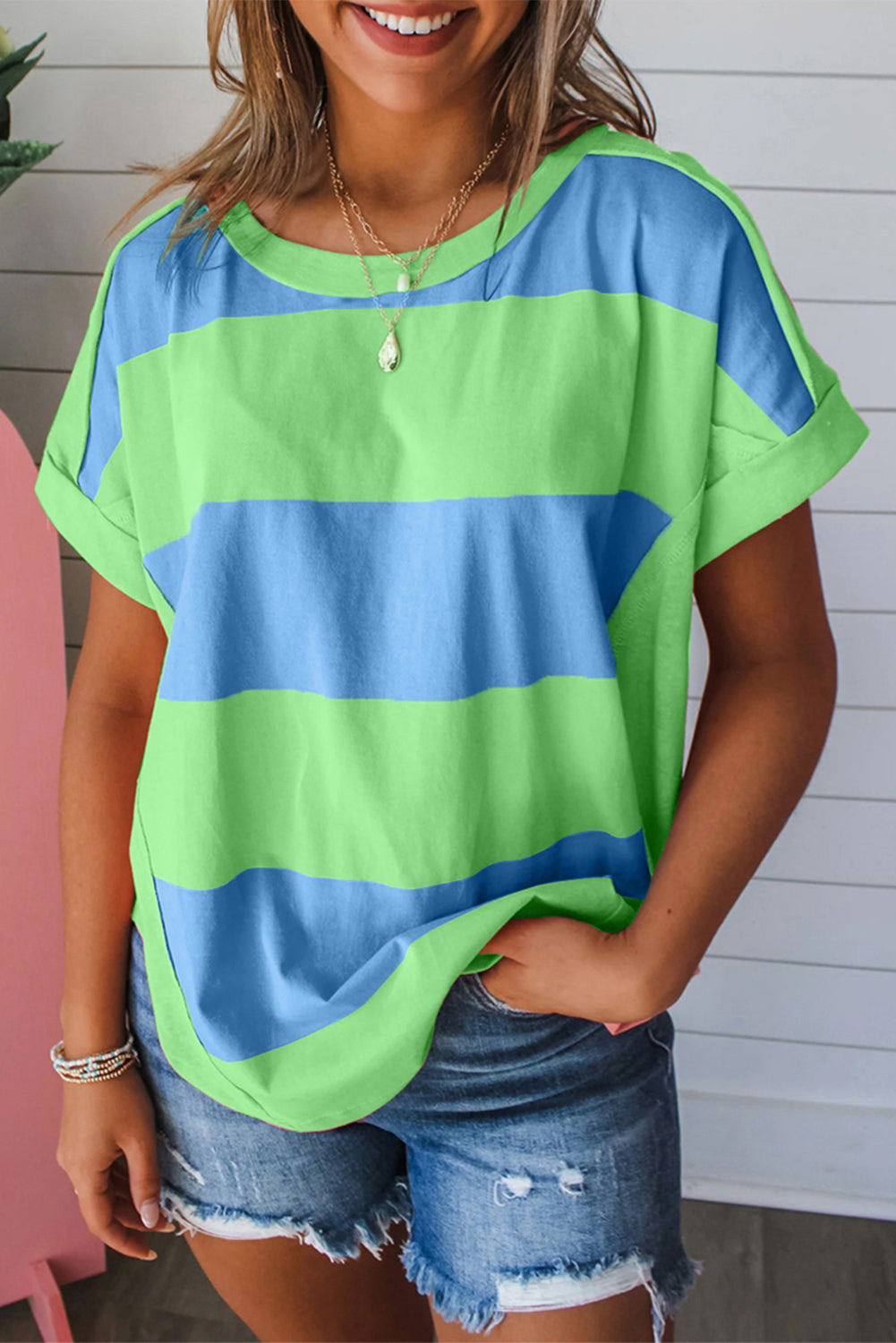 Blue Colorblock Rounded Hem Loose T Shirt